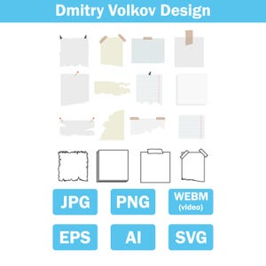 May include: A graphic design featuring various paper elements, including torn and taped notes, along with file type icons such as JPG, PNG, WEBM, EPS, AI, and SVG. The text "Dmitry Volkov Design" is at the top.