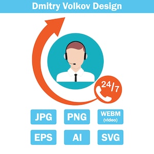 May include: An illustration with the text "Dmitry Volkov Design" at the top. It features a customer service representative wearing a headset inside a teal circle, with an orange arrow. Below are file type icons: JPG, PNG, WEBM, EPS, AI, and SVG, all in blue.