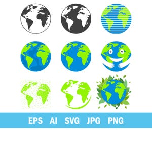 May include: A collection of nine Earth globe illustrations in various styles. The designs include outlines, solid colors, and a globe with a smiling face. The color palette includes blue, green, and white. The bottom of the image displays the text "EPS AI SVG JPG PNG".
