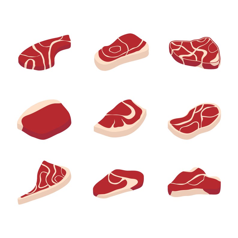 Raw Meat Steaks and Beef Cuts Vector Set in Flat Style. Jpg/png/svg/eps ...