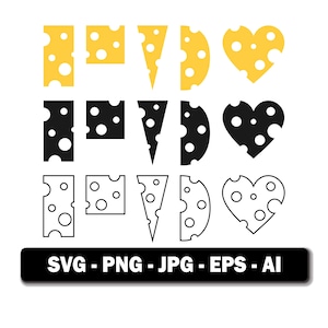 Paquete SVG de queso, imágenes prediseñadas de queso, iconos de lácteos vectoriales, silueta amarilla, arte lineal, corazón de queso PNG, archivo de corte láser, descarga digital