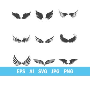 Peut inclure: Neuf motifs d'ailes gris foncé de styles variés sur fond blanc. Les ailes présentent différentes formes et niveaux de détail. Le bas de l'image contient le texte "EPS AI SVG JPG PNG" en lettres blanches sur fond bleu.