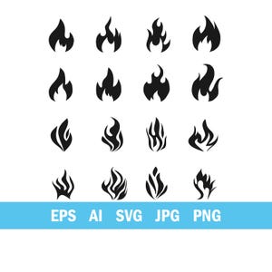May include: A collection of black flame icons in various shapes and sizes, arranged on a white background. The image includes a blue banner at the bottom with the text "EPS AI SVG JPG PNG".