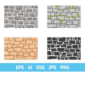 May include: Four different stone wall textures in a square format. The top left is grey, the top right is grey with green moss, the bottom left is tan, and the bottom right is black. The bottom has the text "EPS AI SVG JPG PNG".