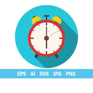 May include: A flat design illustration of a red alarm clock with yellow bells, set against a teal blue circle. The clock face is white with black markings and hands, indicating 6 o'clock. The image includes the text "EPS AI SVG JPG PNG" in a blue banner.