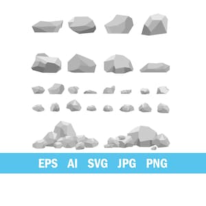 May include: A selection of grey, geometric-shaped rocks of various sizes, arranged in rows and piles against a white background. The image includes the text "EPS AI SVG JPG PNG" in a blue banner at the bottom.