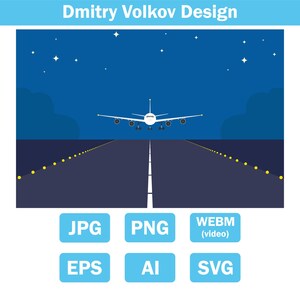 Passenger airplane landing on the airport runway at night. Front view of a jet aircraft landing at dusk flat. jpg/png/svg/eps/ai/webm