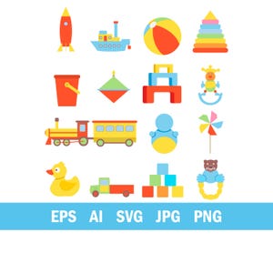 May include: A collection of colorful, flat-style illustrations of various toys, including a rocket, boat, ball, stacking rings, bucket, spinning top, building blocks, rocking giraffe, train, tumbler, pinwheel, duck, truck, blocks, and a rattle.