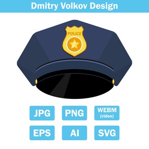 Blue police officer hat with golden badge star and visor flat vector illustration isolated on white. jpg/png/svg/eps/webm/ai
