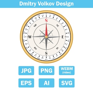 May include: A gold-colored compass with a red needle, featuring directional markings and degree indicators. The text "Dmitry Volkov Design" is at the top. Below are blue boxes with file type abbreviations: JPG, PNG, WEBM, EPS, AI, and SVG.