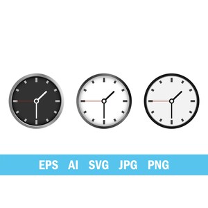 May include: Three minimalist wall clocks with black, white, and silver bezels. Each clock has a white face with black hands and a red second hand. The bottom of the image has the text "EPS AI SVG JPG PNG" in white letters on a blue background.