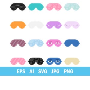 May include: A collection of sleep masks in various colors and patterns, including black with white dots, teal, pink with polka dots, and light blue with white dots. Other masks are orange, white, purple with eyelashes, and light purple with eyelashes.
