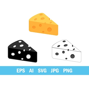 Op de afbeelding: Drie illustraties van kaaswiggen. Eén is geel met gaten, een andere is zwart met witte gaten, en de laatste is een witte omtrek met zwarte gaten. De onderkant van de afbeelding bevat de tekst: EPS AI SVG JPG PNG.