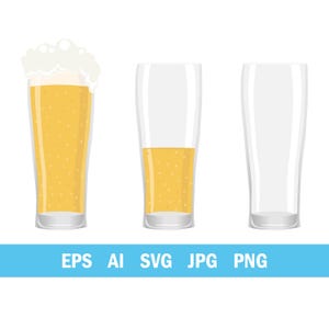 Puede incluir: Tres vasos de pinta transparentes, cada uno con un nivel diferente de cerveza. Un vaso está lleno de espuma, otro está medio lleno y otro está vacío. La cerveza es de color dorado claro. El texto "EPS AI SVG JPG PNG" está en la parte inferior.