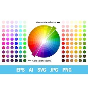 May include: A color wheel graphic with warm and cold color scheme indicators. The wheel is surrounded by color swatches. The image also includes the file type abbreviations: EPS, AI, SVG, JPG, and PNG.