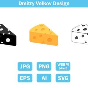 Cheese wedge vector icons set.  Three styles of cheese piece: flat color, black silhouette, and linear outline. jpg/png/svg/eps/ai/webm