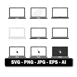 May include: A collection of nine black and white laptop icons arranged in a grid, featuring various screen designs including blank displays, cursor pointers, and click indicators, with the text SVG - PNG - JPG - EPS - AI at the bottom.