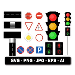 Può includere: Una collezione di segnali stradali, segmenti stradali e semafori, tra cui un segnale di stop, dare precedenza, parcheggio e segnali pedonali. Il testo SVG - PNG - JPG - EPS - AI è presente nella parte inferiore.