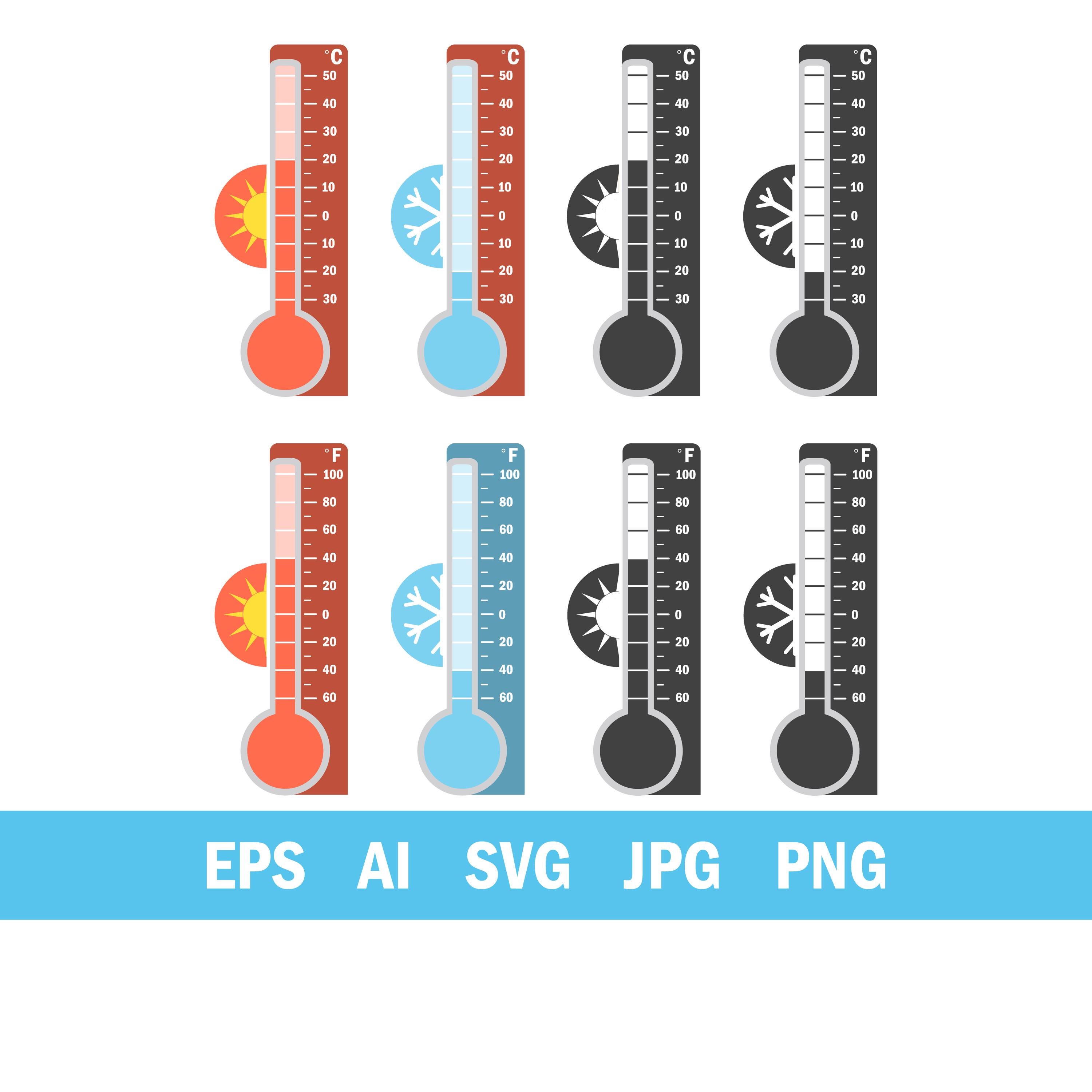 Set of Flat Vector Thermometer Icons in Celsius and Fahrenheit for Hot ...