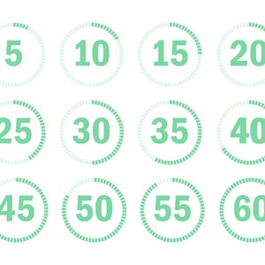 Puede incluir: Un conjunto de doce temporizadores circulares, cada uno mostrando un incremento de tiempo diferente de 5 a 60. Los números son de color verde claro, sobre un fondo blanco. Cada temporizador tiene un borde circular punteado.