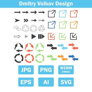 May include: A collection of vector graphic icons and file type buttons. The icons include arrows, recycling symbols, and open-in-new-window symbols in various colors. File type buttons include JPG, PNG, WEBM, EPS, AI, and SVG. The text "Dmitry Volkov Design" is at the top.