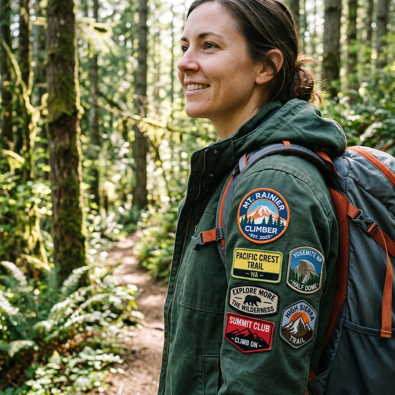 Peut inclure: Veste verte orn&eacute;e de plusieurs &eacute;cussons, dont "Mt. Rainier Climber", "Pacific Crest Trail" et "Summit Club". La veste est port&eacute;e avec un sac &agrave; dos dans une for&ecirc;t. Les &eacute;cussons pr&eacute;sentent des motifs de montagnes et de sentiers.