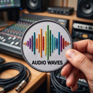 May include: A circular embroidered patch featuring a colorful vertical audio waveform graphic in shades of red, orange, yellow, green, blue, and purple on a white background, with the black text "AUDIO WAVES" printed below the design.