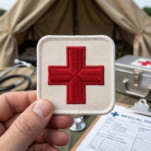May include: A square-shaped fabric patch featuring a bold, embroidered red cross centered on a cream-colored background. The patch has a clean, stitched border and a textured weave, designed for attachment to clothing or gear for medical identification.