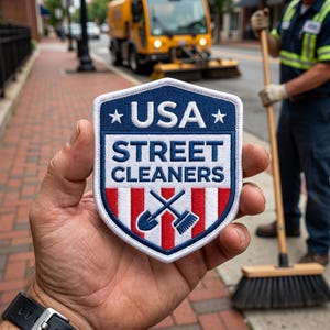 May include: A USA Street Cleaners patch with a shield design, featuring the text "USA STREET CLEANERS" in white on a blue background. The patch includes red and white stripes and crossed tools. A street sweeper and a person sweeping are in the background.