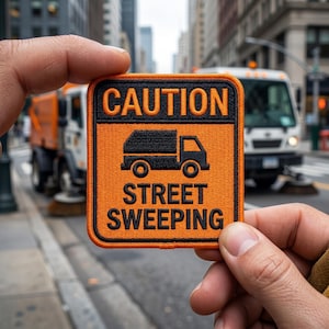 May include: An orange and black patch with the words "CAUTION STREET SWEEPING" and a truck graphic. The patch is held in front of a street sweeper truck on a city street.