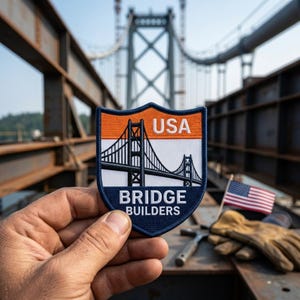 May include: A shield-shaped embroidered patch featuring an orange top section with the white text USA, a white middle section with a black suspension bridge illustration, and a dark blue bottom section with the white text BRIDGE BUILDERS.