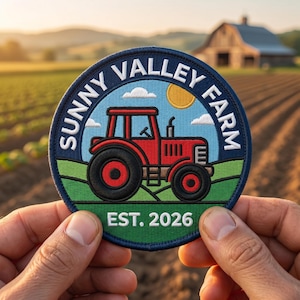 May include: A circular patch featuring a red tractor on a green field under a blue sky with a yellow sun. The patch reads "SUNNY VALLEY FARM" and "EST. 2026" in white text. The patch is held in front of a blurred farm landscape.