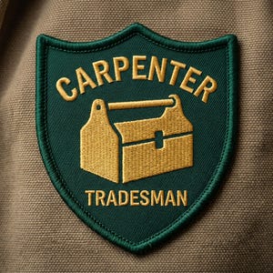 May include: Embroidered patch with a shield shape, featuring the word "CARPENTER" in gold lettering above a gold toolbox illustration. The word "TRADESMAN" is below the toolbox. The patch has a green background and border, set against a tan fabric.