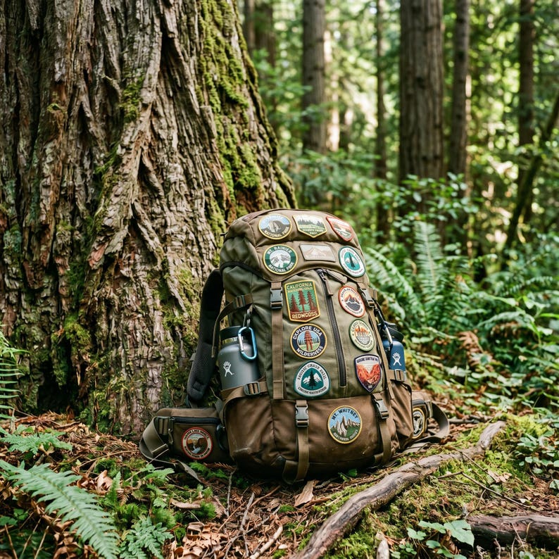 Peut inclure: Un grand sac &agrave; dos de randonn&eacute;e vert olive, orn&eacute; de nombreux &eacute;cussons, pos&eacute; contre un grand arbre dans une for&ecirc;t. Le sac &agrave; dos comporte plusieurs poches et sangles, et une gourde est attach&eacute;e sur le c&ocirc;t&eacute;. La sc&egrave;ne est entour&eacute;e d'un feuillage vert luxuriant.