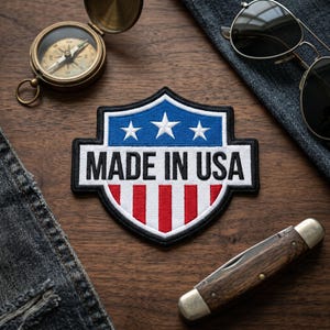 May include: A patriotic patch with the text "MADE IN USA" in white letters, set against a blue and red shield design with three white stars. The patch is surrounded by a black border. Other items include a compass, sunglasses, a pocket knife, and denim.