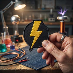 May include: A circular embroidered patch featuring a bright yellow lightning bolt centered on a black background. The patch has a thick black stitched border and a small tab at the bottom, showcasing detailed thread work and a clean, defined shape.