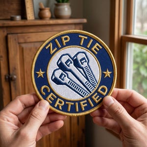May include: A round patch with the words "ZIP TIE CERTIFIED" in gold lettering on a navy blue background. The center features three blue and white zip tie illustrations. Two gold stars are on either side of the zip tie illustration.