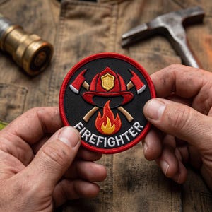 May include: A circular embroidered patch with a black background and a red border. The design features a red firefighter helmet centered above two crossed axes and a stylized orange and yellow flame. The word FIREFIGHTER is stitched in white.
