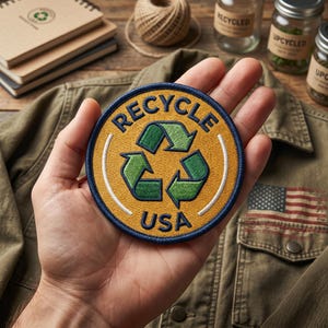 May include: A round patch with the words "RECYCLE USA" and a green recycling symbol. The patch has a yellow background with a blue border. The patch is held in a hand, with a green jacket in the background.