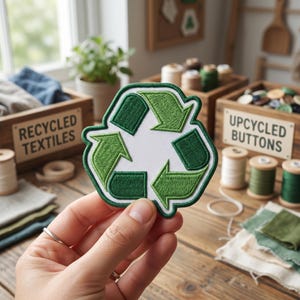 May include: A green and white embroidered patch featuring the recycling symbol. The patch is held in front of a wooden box labeled "Recycled Textiles" and another labeled "Upcycled Buttons". The background includes spools of thread and fabric scraps.
