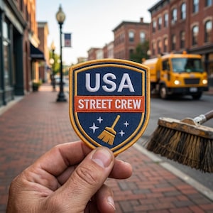 May include: A blue, orange, and gold embroidered patch with the text "USA STREET CREW". The patch features a shield shape with a broom graphic and stars. The patch is held in front of a city street scene.