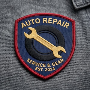 May include: Embroidered patch with a shield design. The patch features the words "AUTO REPAIR" in gold, a gold wrench, and the words "SERVICE & GEAR EST. 2024". The patch has a blue background with a black tire and a red border.
