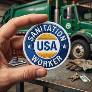 May include: Embroidered patch with the words "SANITATION USA WORKER" in white and blue, with a gold accent. The patch is held in front of a green sanitation truck. The patch has two white stars.