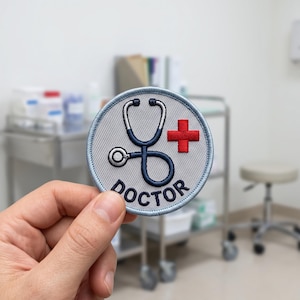May include: A circular embroidered patch with a light gray background and a light blue border. The design features a dark blue stethoscope, a bright red medical cross, and the word DOCTOR embroidered in dark blue capital letters at the bottom.