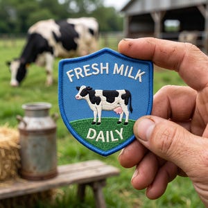 May include: A shield-shaped embroidered patch with a blue border and background. It features a black and white cow standing on a green grassy patch. The text "FRESH MILK" is embroidered in white above the cow, and "DAILY" is below the cow.