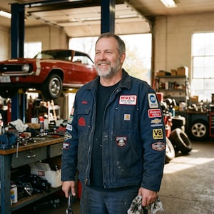 Peut inclure: Un homme porte une veste de m&eacute;canicien bleue avec des &eacute;cussons dans un garage. Une voiture rouge classique est soulev&eacute;e sur un pont &eacute;l&eacute;vateur en arri&egrave;re-plan. La veste porte des &eacute;cussons "Mike's Auto Repair" et "Gearhead".