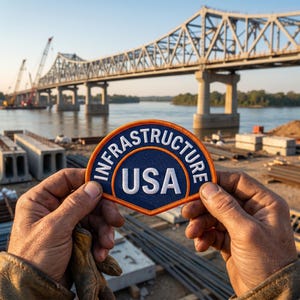 May include: A shield-shaped embroidered patch with a dark blue center and an orange border. The text INFRASTRUCTURE is arched across the top in white, with the letters USA centered below in a larger white font, all featuring a stitched texture.
