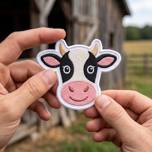 May include: An embroidered iron-on patch shaped like a cow head. The cow has a white face with black patches around the eyes, tan horns, pink inner ears, and a large pink snout with a dark brown stitched mouth and nostrils, all outlined in white.