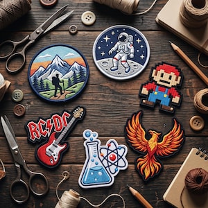 Peut inclure: Divers assortiments de patchs brod&eacute;s : randonneur en montagne, astronaute sur la lune, personnage pixelis&eacute;, guitare avec texte "AC/DC", fiole scientifique et ph&eacute;nix. Les patchs sont de couleurs et de motifs vari&eacute;s, sur une surface en bois.