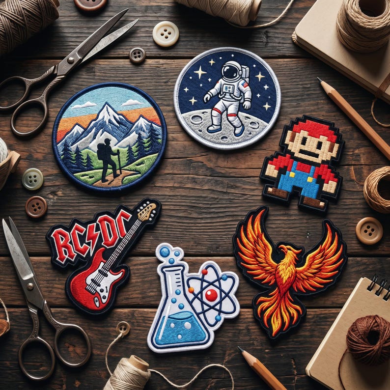Peut inclure: Divers assortiments de patchs brod&eacute;s : randonneur en montagne, astronaute sur la lune, personnage pixelis&eacute;, guitare avec texte "AC/DC", fiole scientifique et ph&eacute;nix. Les patchs sont de couleurs et de motifs vari&eacute;s, sur une surface en bois.